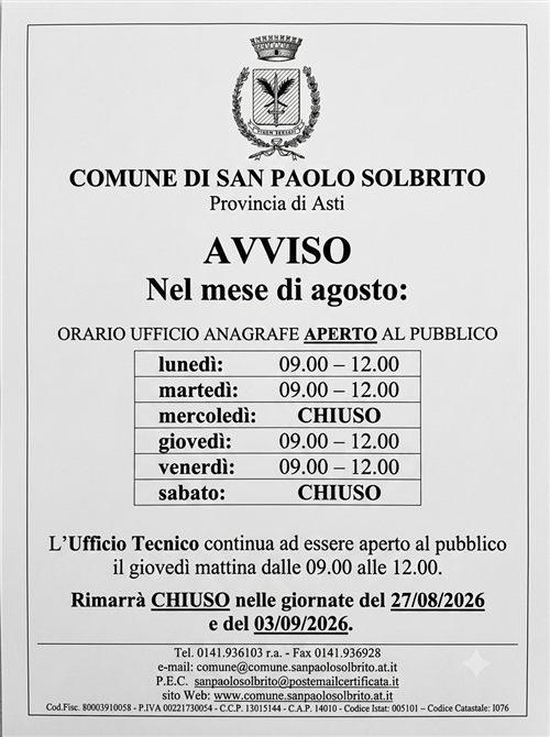 orario di apertura al pubblico uffici comunali mese di agosto 2026